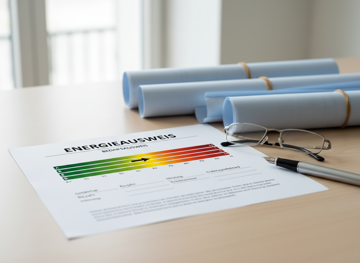Energieausweis als Bedarfsausweis auf einem Tisch mit Schlüsseln