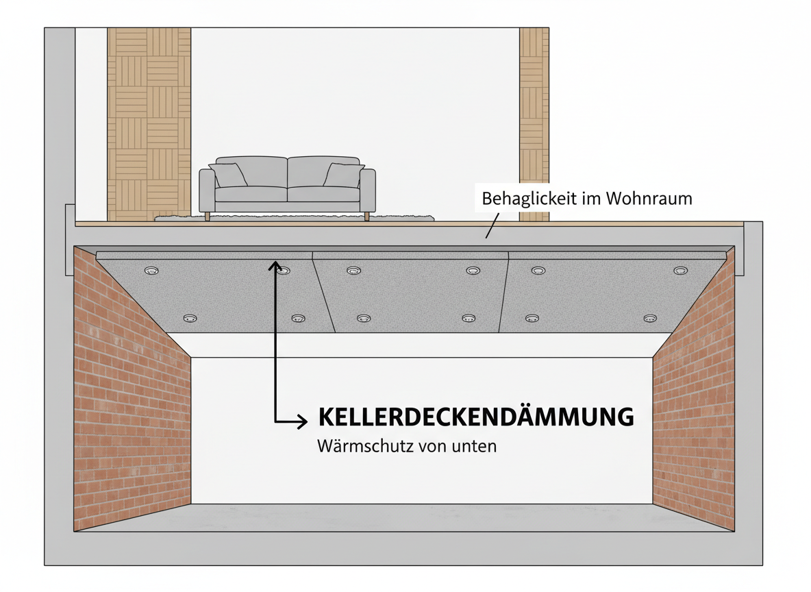 Schematische Darstellung einer Kellerdeckendämmung von unten