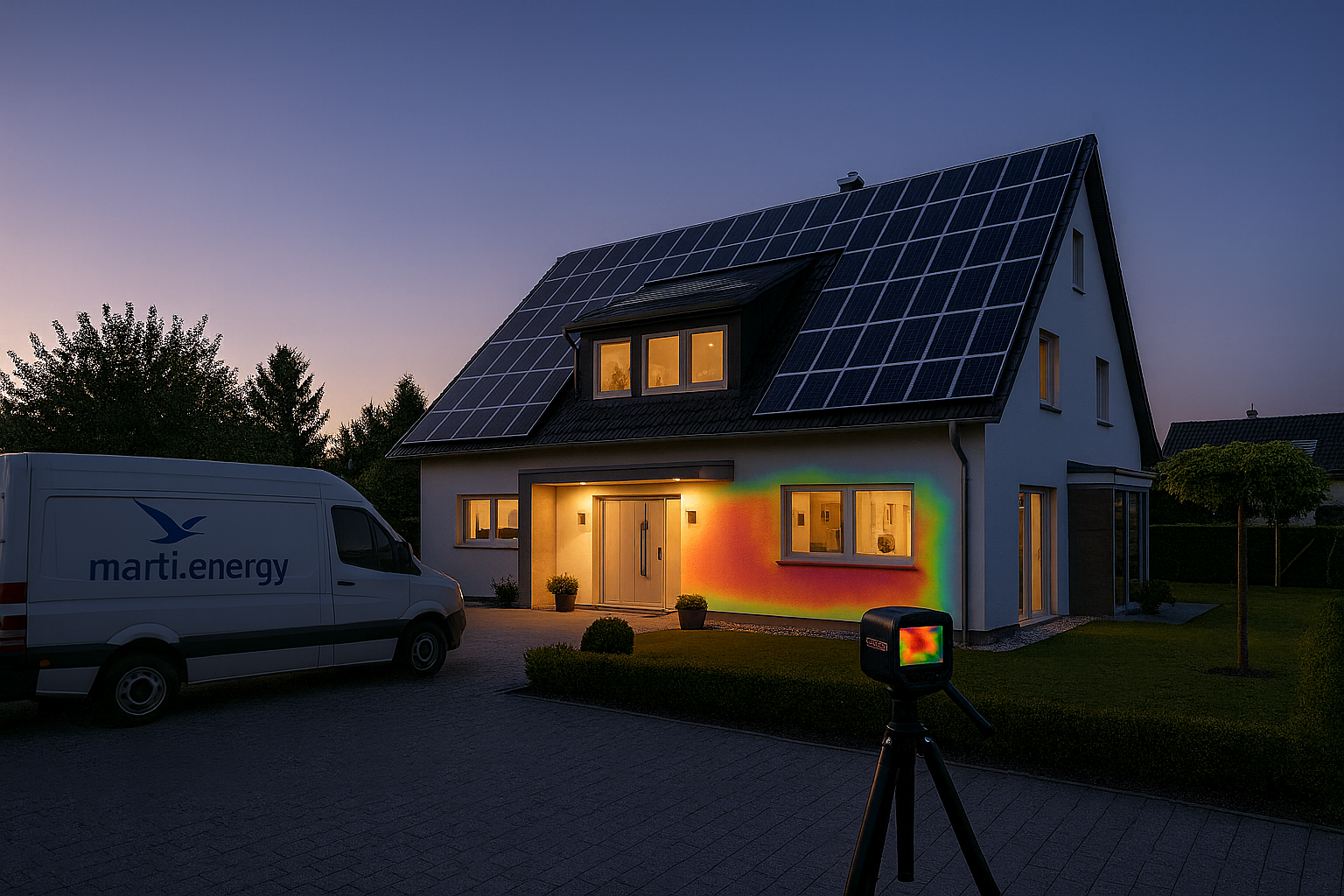 Energieberatung marti.energy – Haus mit PV-Anlage, Thermografie und Servicefahrzeug